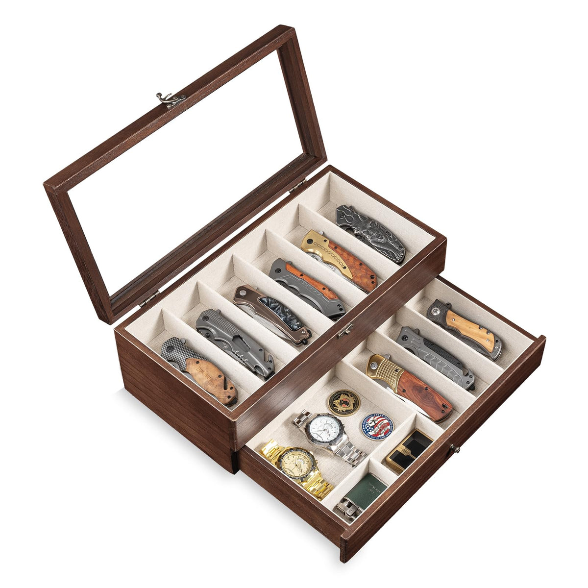 Yoimori 2-Layer Pocket Knife Case Display & Storage, Solid Wood Knife Case for Collections, Gift for Boyfriend, Fathers Day, Birthday Gifts (Black)