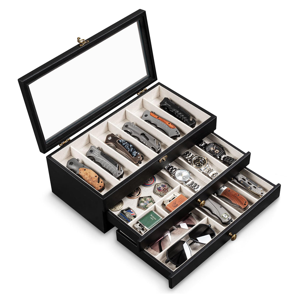 Yoimori Knife Display Case, 3-Layer Pocket Knife Case Display & Storage Knives, Solid Wood Knife Case for Collections, Gift for Boyfriend Fathers Day Birthday Gifts(Black)