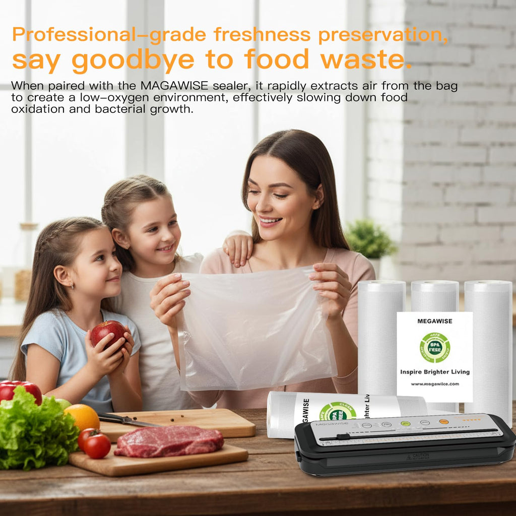 MegaWise 3 Rolls of Vacuum Sealer Machine Bags, 8 inch wide and 21.6 Feet Long for Megawise & other brand vacuum sealers Perfect for Meal Prep and Sous Vide Cooking