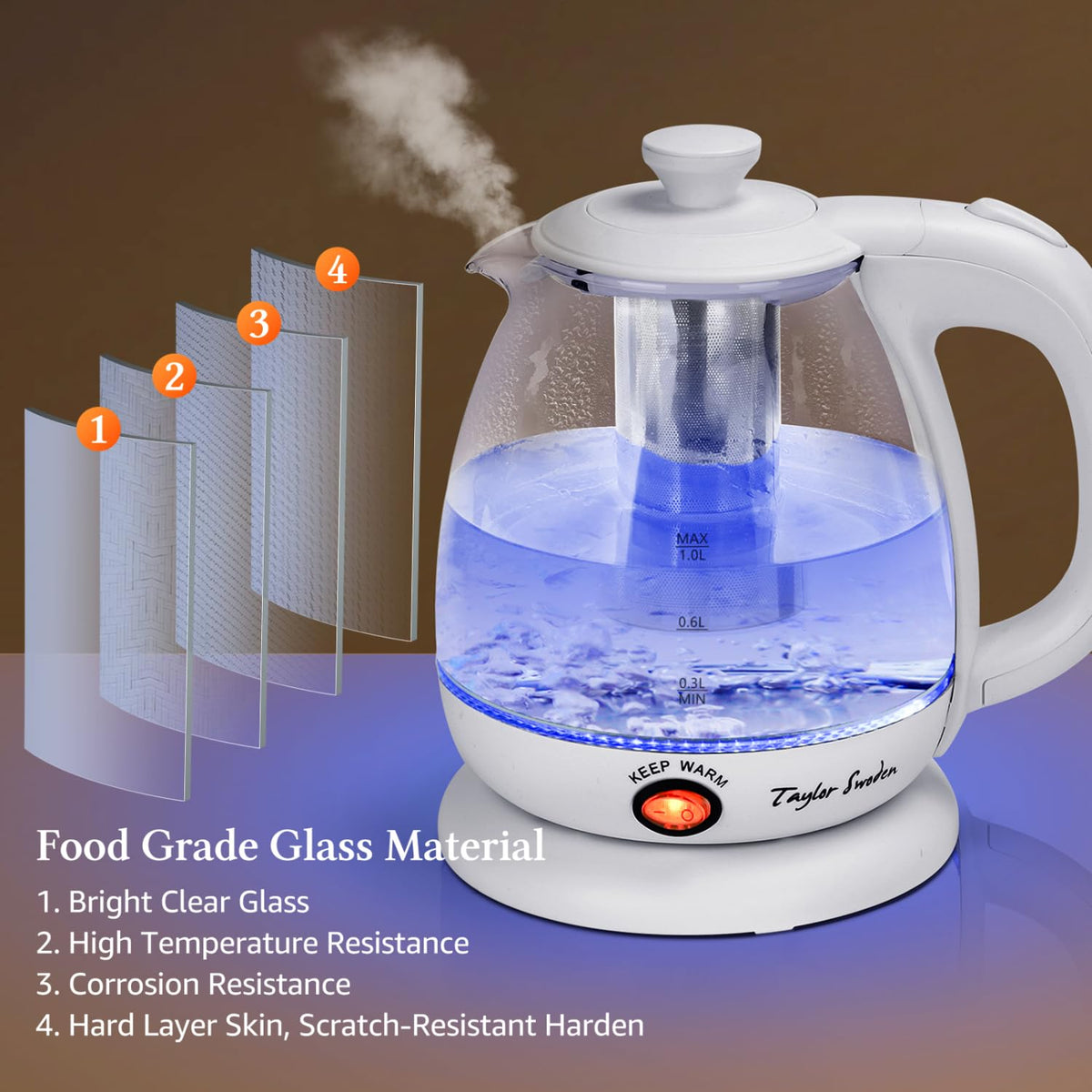 Taylor Swoden Electric Kettle With Tea Infuser, 1L, White