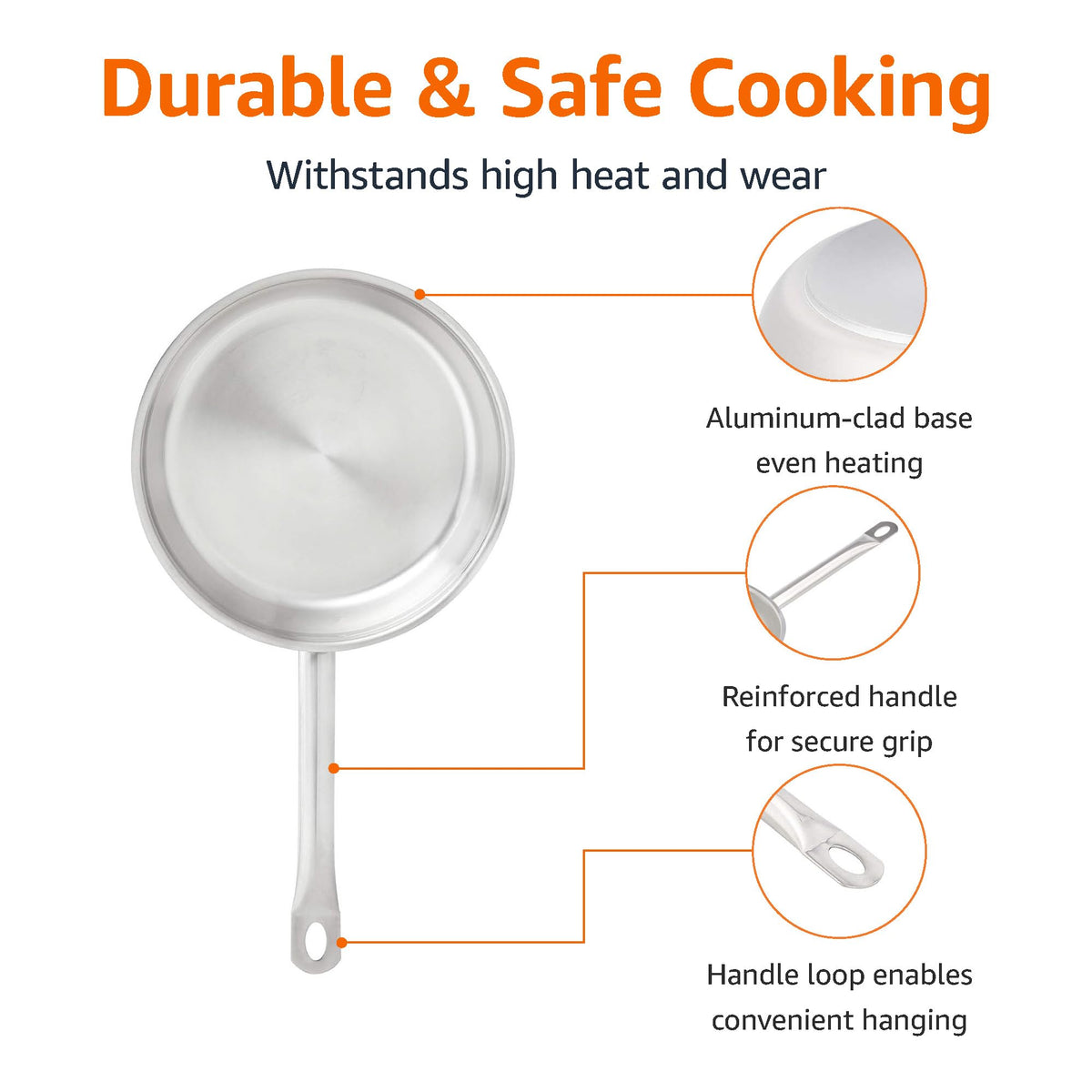 Amazon Basics 3-Piece Stainless Steel Aluminum-Clad Fry Pan Set, Dishwasher Safe, Induction Compatible, Oven Safe to 500°F, 8", 9 1/2", and 12"