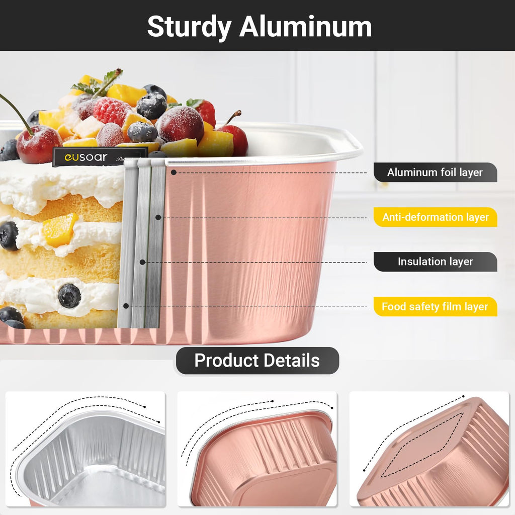 EUSOAR Disposable Ramekins, 50pcs 10oz Rose Gold Creme Brulee Ramekins Disposable Muffin Cups for Baking, Mini Cake Pans with Lids Loaf Bread Containers Cupcake Liners for Party Favor Birthday