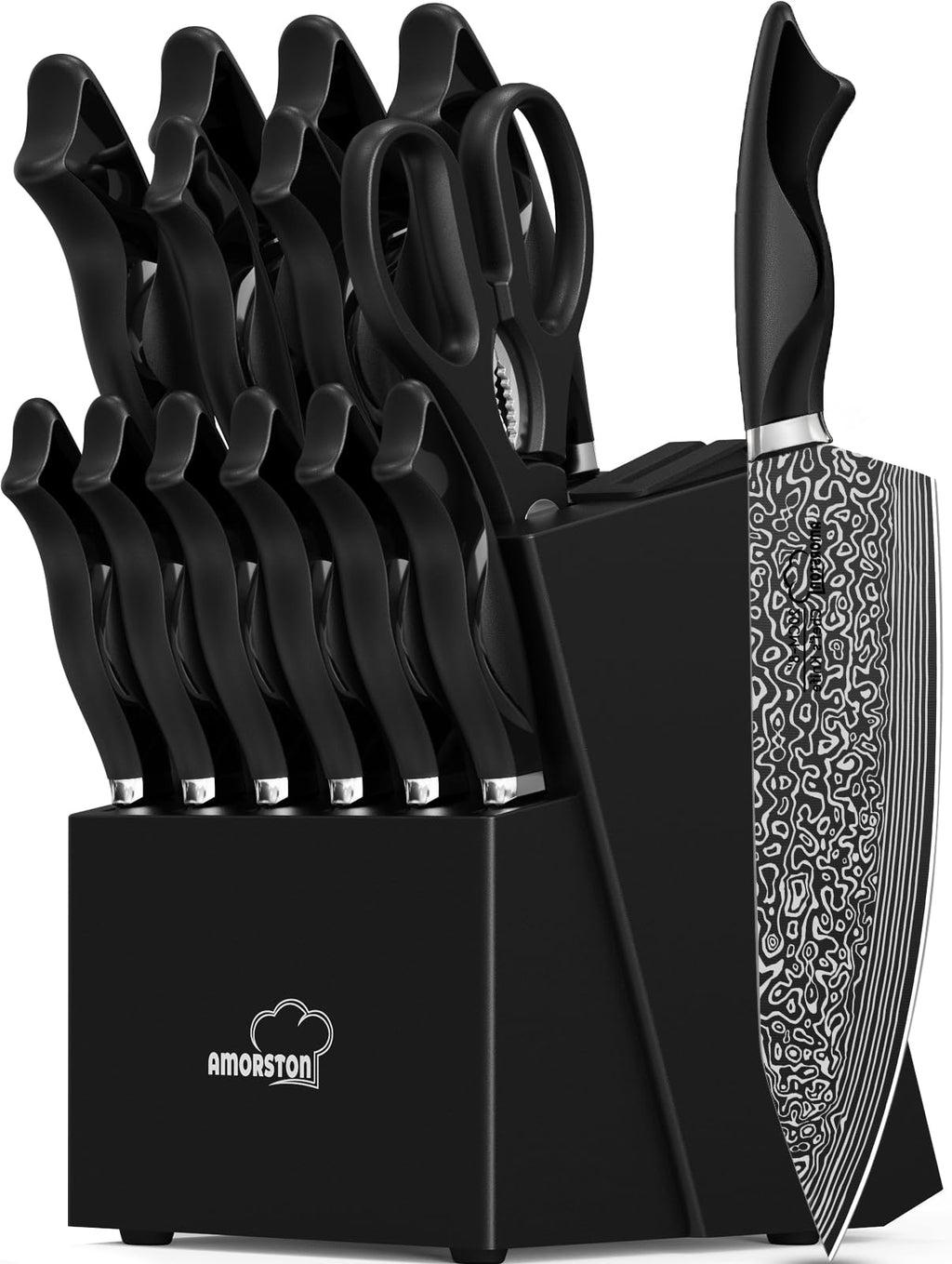 Knife Set, 15 Pieces Kitchen Knife Set with Built in Sharpener, High Carbon German Stainless Steel Knife Block Set, Dishwasher Safe, Fathers Day Gift for Men