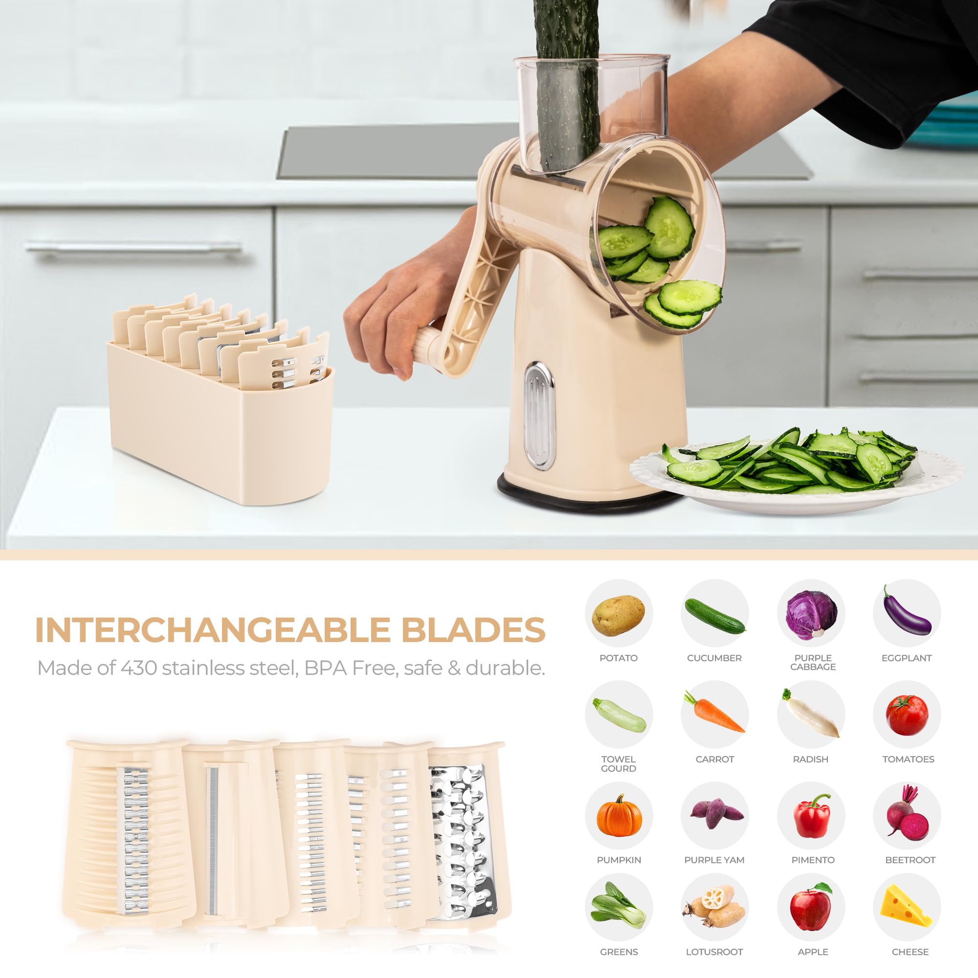 SUSTEAS Rotary Cheese Grater 5 Blades,Kitchen Mandoline Vegetable Slicer