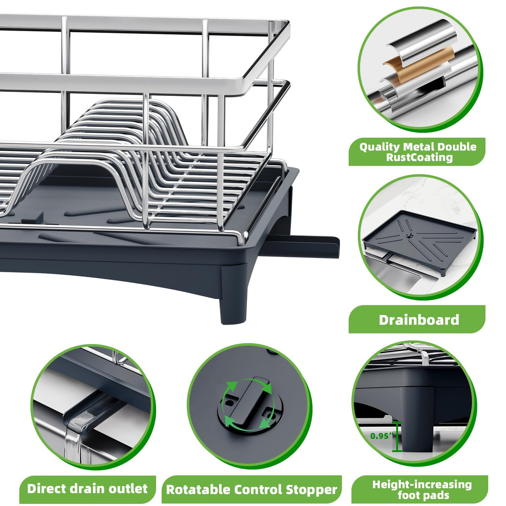 TITIMIO Dish Drying Rack - Space-Saving Dish Rack for Kitchen Counter with Removeable Cutlery Holder,Rustproof & Sturdy Auto-Drain Organizer for Plates,Cups,Knife,Silvery