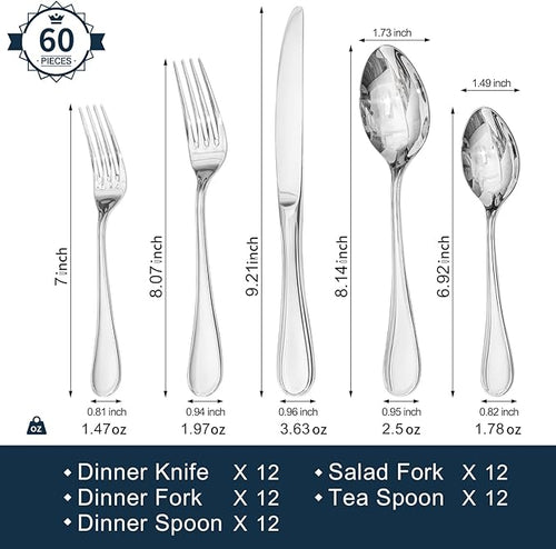 18/10 Stainless Steel Silverware Set for 12, 60 Piece Teardrop Flatware Set