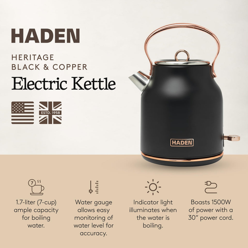 Haden Heritage 1.7 Liter Stainless Steel Electric Kettle, Hot Water Tea Kettle with 360-Degree Base and Auto Shutoff, Black & Copper