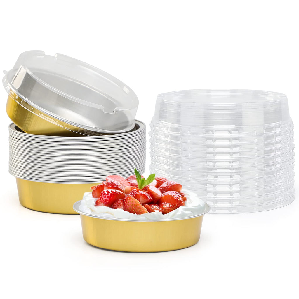 Beasea Mini Pie Pans with Lids, 120 Pack 4 Inch 8oz Disposable Mini Cake Pans Creme Brulee Aluminum Foil Pie Tart Ramekins Tins Silver Small Individual Round Containers Oven Safe for Baking