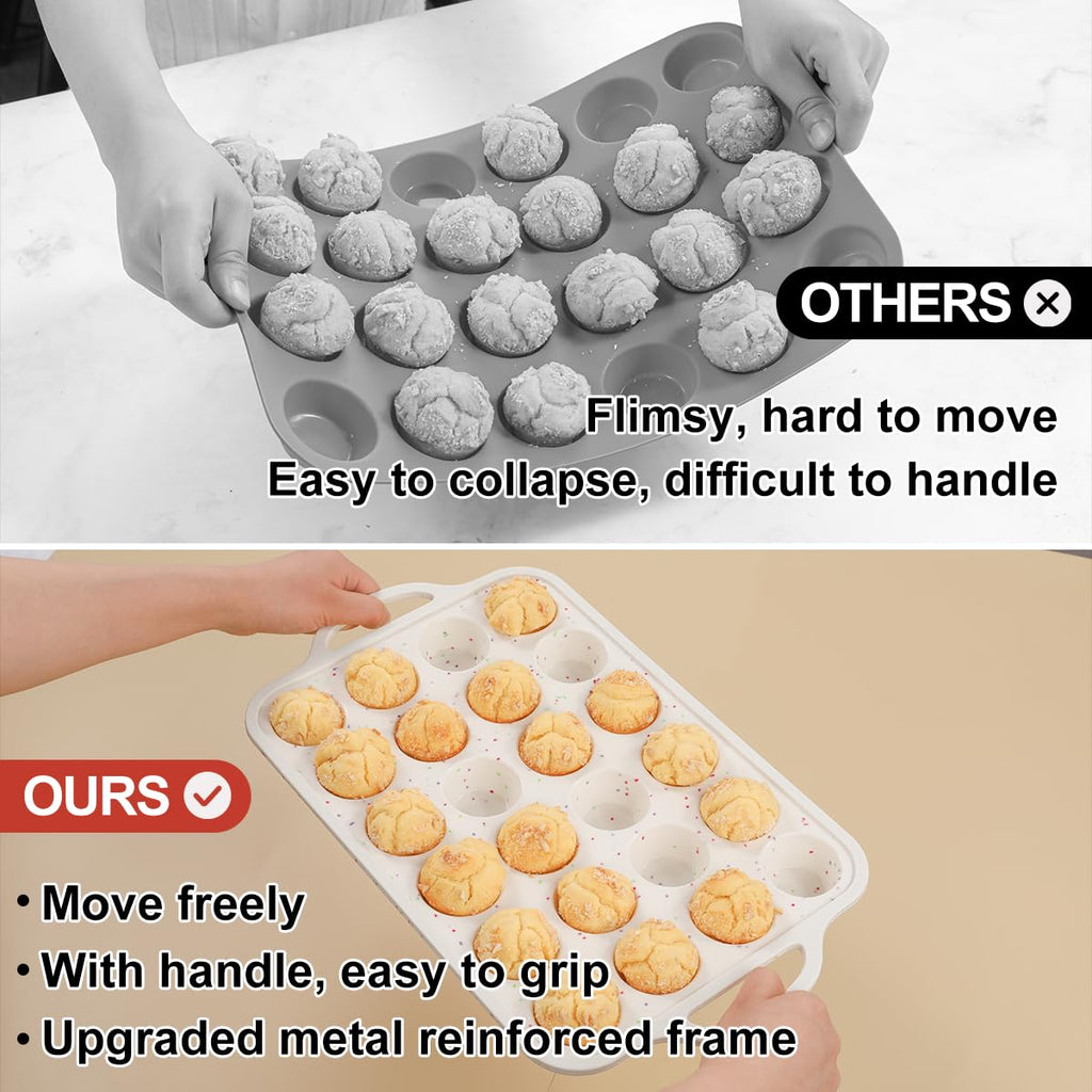 CAKETIME Mini Cupcake Pans, Metal Reinforced Frame Silicone Mini Muffin Pan Nonstick 24 Cups Easy to Handle for Baking Muffins, Cupcakes, Egg Bites 1 Pack