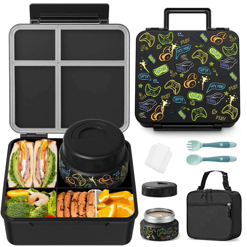 Kids Bento Lunch Box with Thermos, Leakproof Toddler Bento Box with 9 OZ Insulated Food Jar, Lunch Bag & Utensils 3 or 4 Compartment Container for School Girls Boys