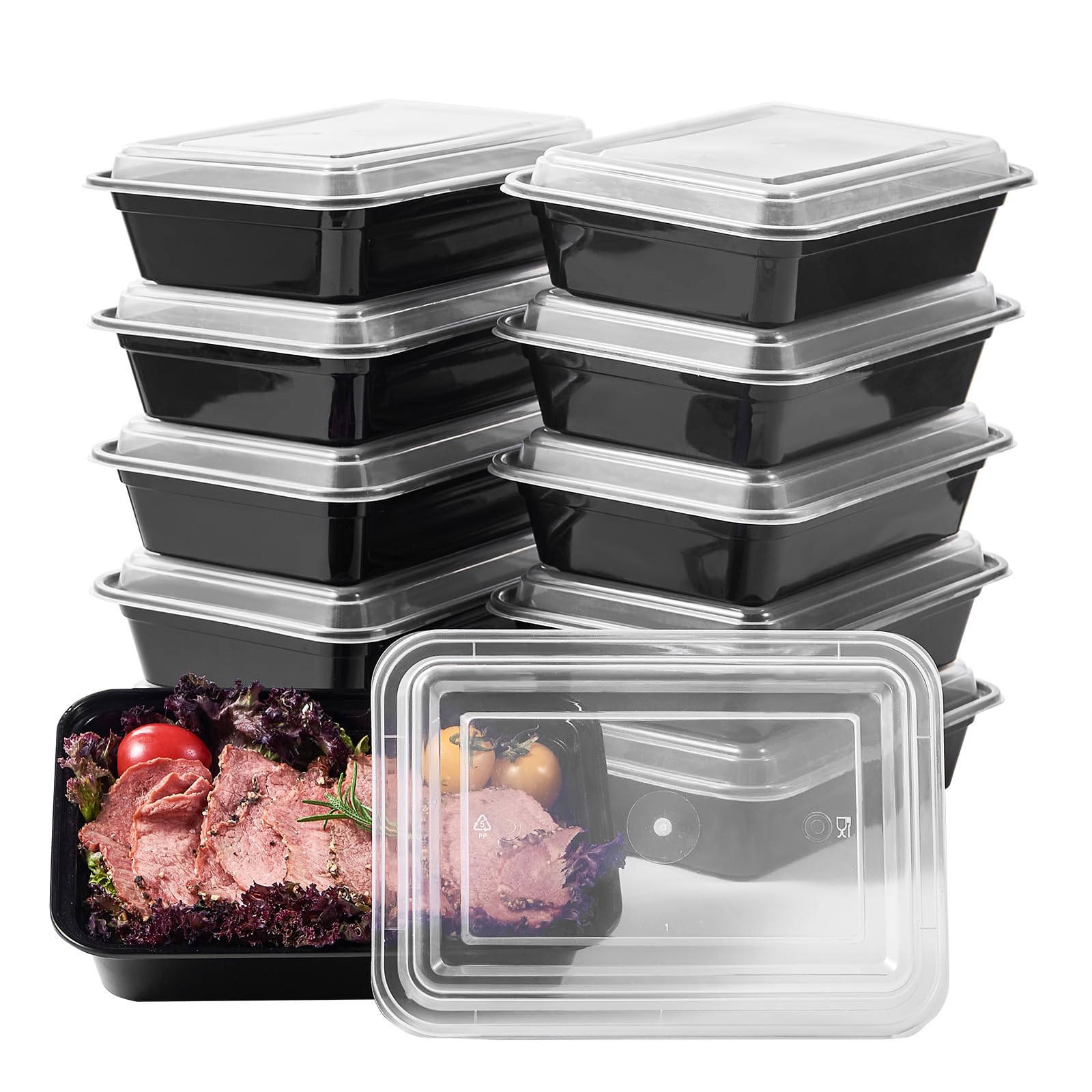 FULIGN 24 oz Meal Prep Containers With Lids Reusable 150 Pack Extra-thick Plastic Food Storage Black Disposable To Go Lunch Box BPA Free Stackable Microwave Dishwasher Freezer Safe