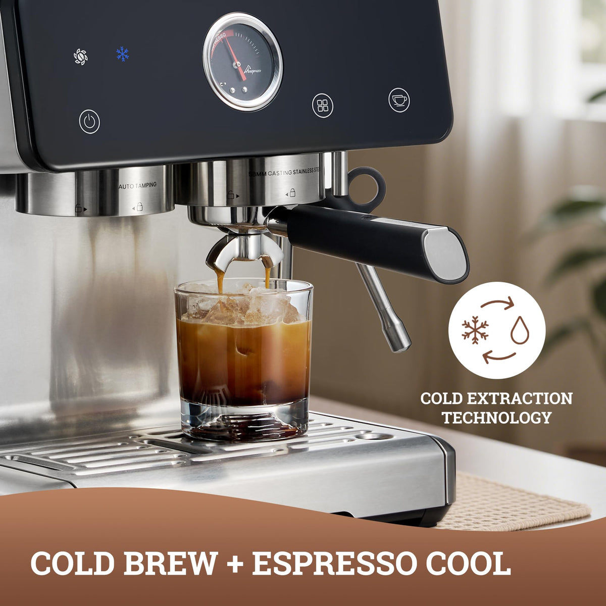 Acaspresso Espresso Machine with Grinder, Auto Distribute & Tamp 15 Bar Semi-Automatic with PID Temperature, Cold Brew Espresso Maker with Milk Frother, 58mm Portafilter for Beginners, Stainless Steel