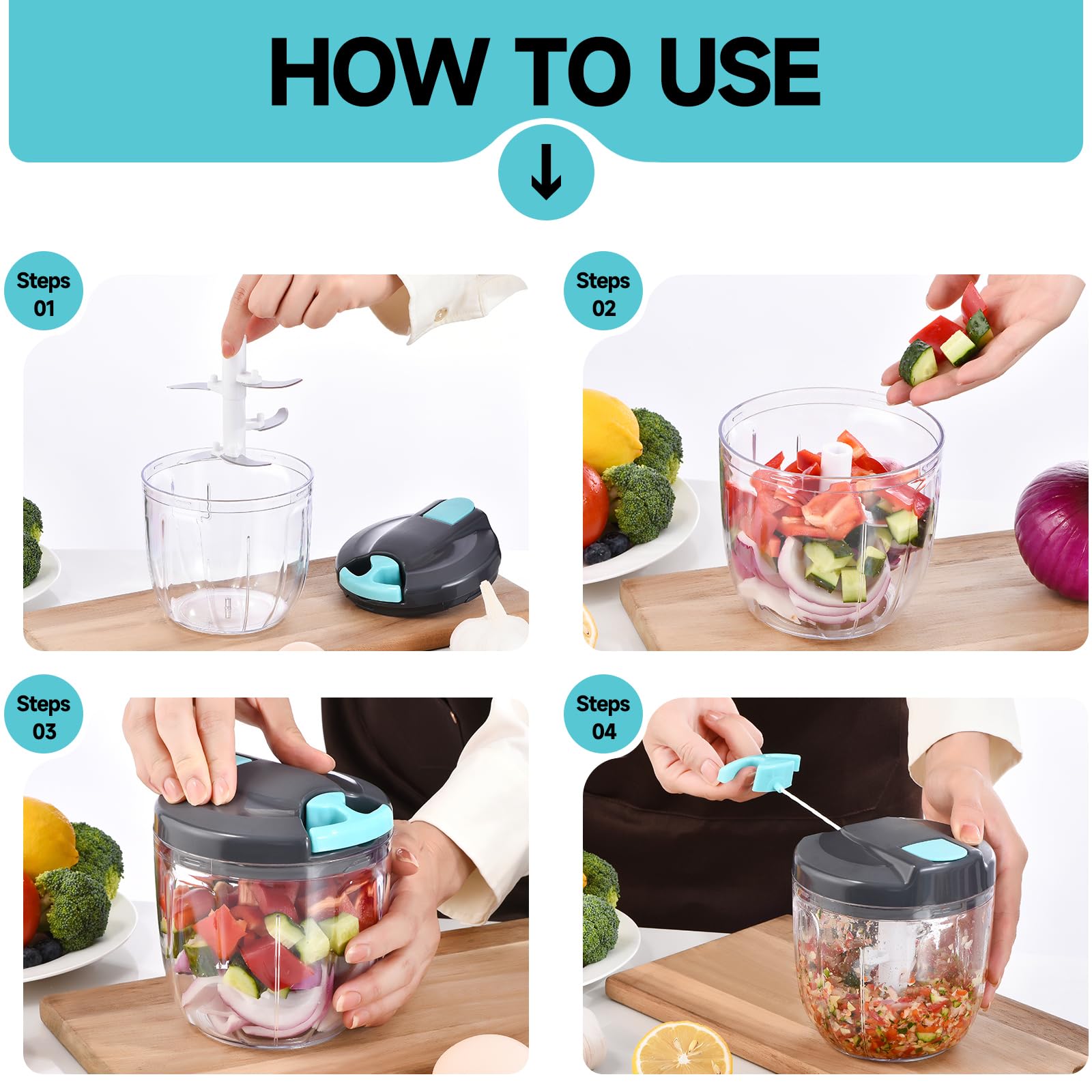 Ziweaye Manual Food Processor Vegetable Chopper, Portable Hand Pull String Garlic Mincer Onion Cutter for Veggies, Ginger, Fruits, Nuts, Herbs, etc., （900ml,Gray-blue）