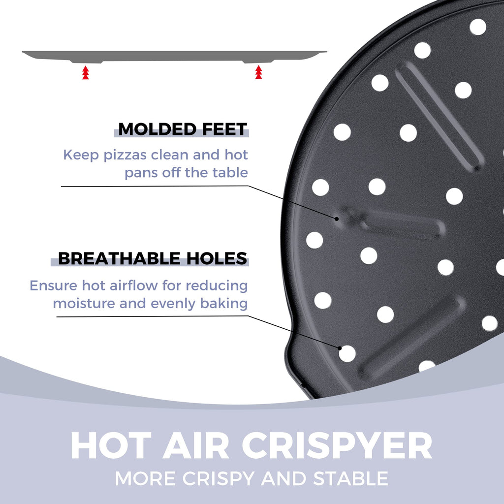 HONGBAKE 2 Pack Pizza Pan with Holes 12 Inch, Nonstick Pizza Tray for Oven with Widen Handles, Hot Air Pizza Crisper Tin, Round Baking Sheet for Frozen & Homemade Pizza, Grey