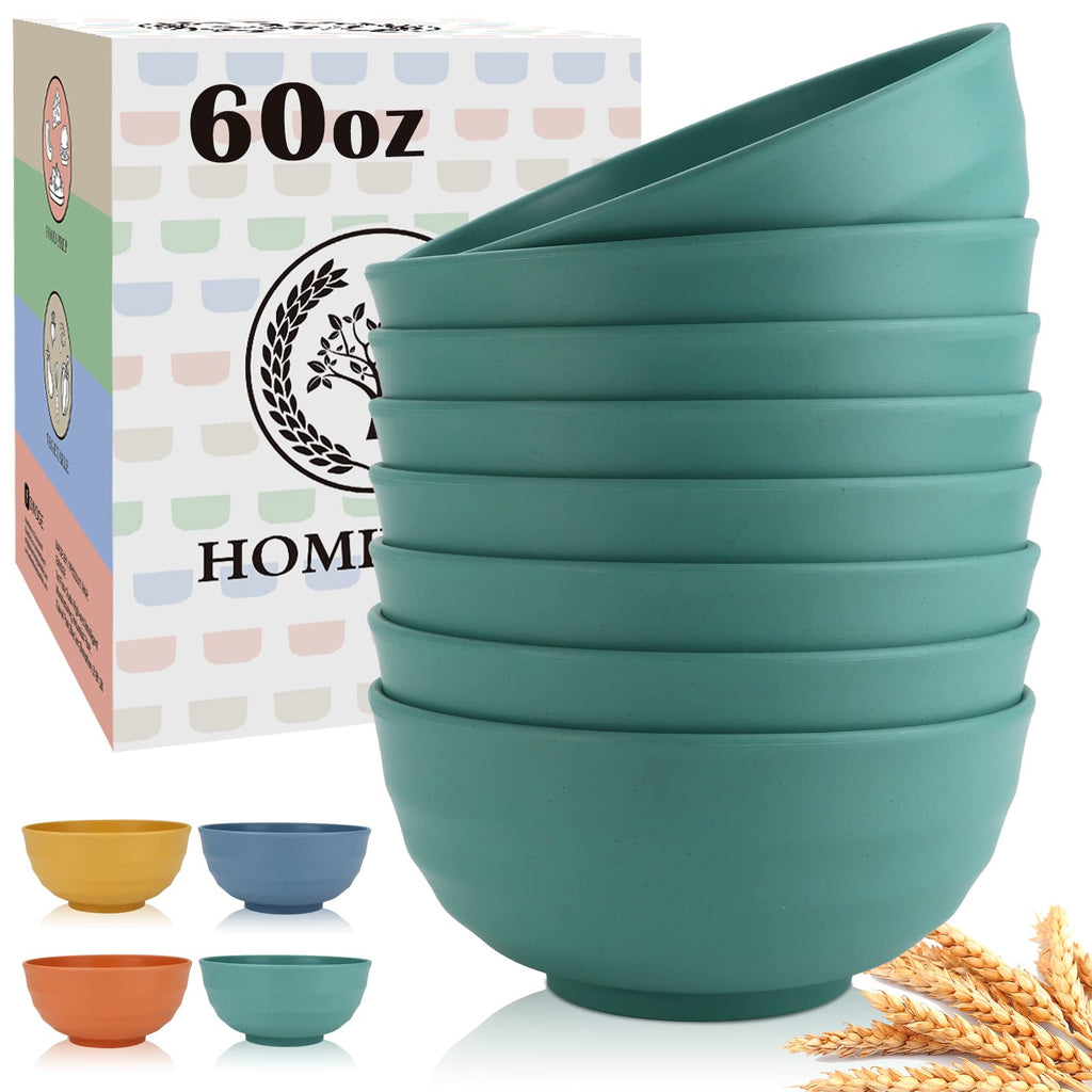 Homienly Large Bowls for Eating: Set of 8 Unbreakable 60oz Wheat Straw Bowls, Non-Plastic & Microwave Safe for Everyday Salad, Soup & Oatmeal (Green)