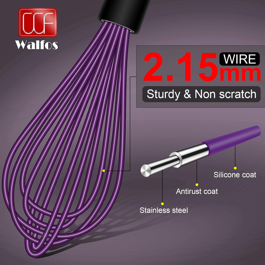 Walfos Whisk, Silicone Whisks Set of 5, Mini Stainless Steel Whisk 7+5in & Non Scratch Coated 7+9+11in Whisks, Suitable for Blending, Whisking, Beating, Frothing & Stirring. (Purple)