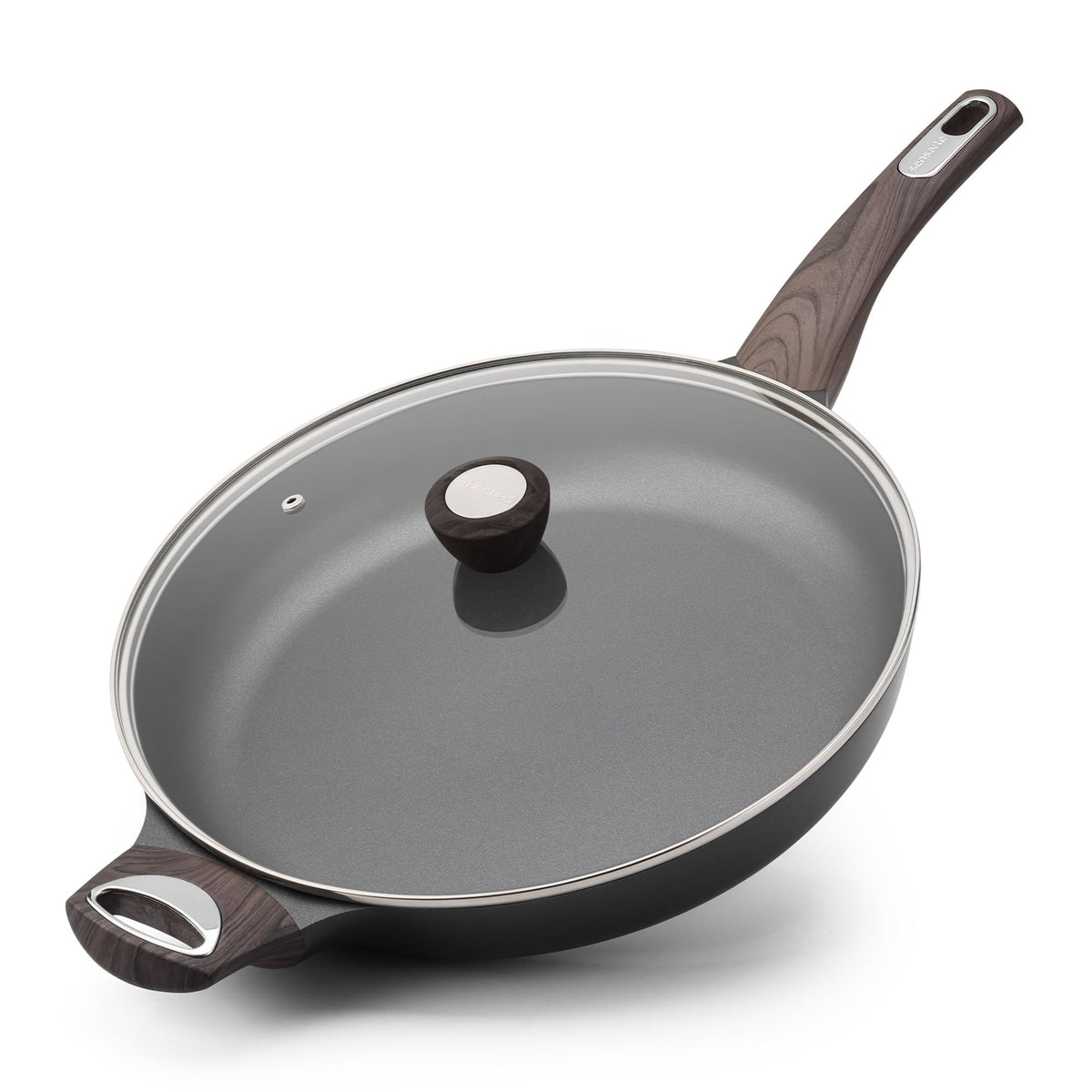 SENSARTE 9.5inch Ceramic Nonstick Frying Pan Paella Pan with Lid, Taupe