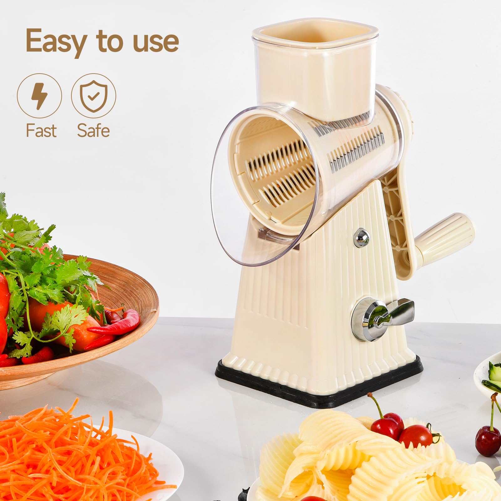 Xilrvna RotaryCheese Grater,VegetableShredder 5 in 1 Cheese Grater with HandleedderReinforcedSuction,EasytoClean,KitchenChopperforCrushedIce,Fruits and Nuts with Blade Storage Case（White