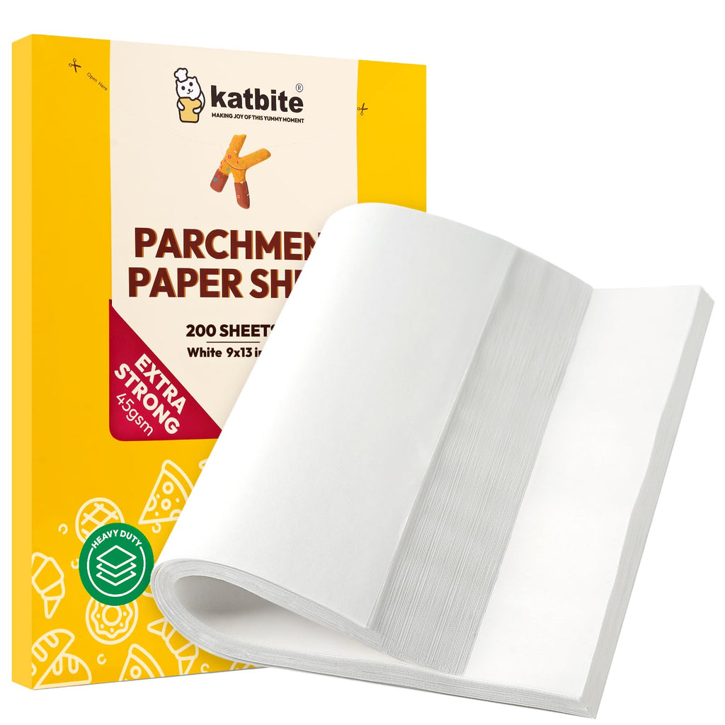 Katbite 200Pcs 9x13 inch Heavy Duty Parchment Paper Sheets, Precut Parchment Paper for Quarter Sheet Pans Liners, Baking Cookies, Bread, Meat, Pizza, Toaster Oven (9"x13")