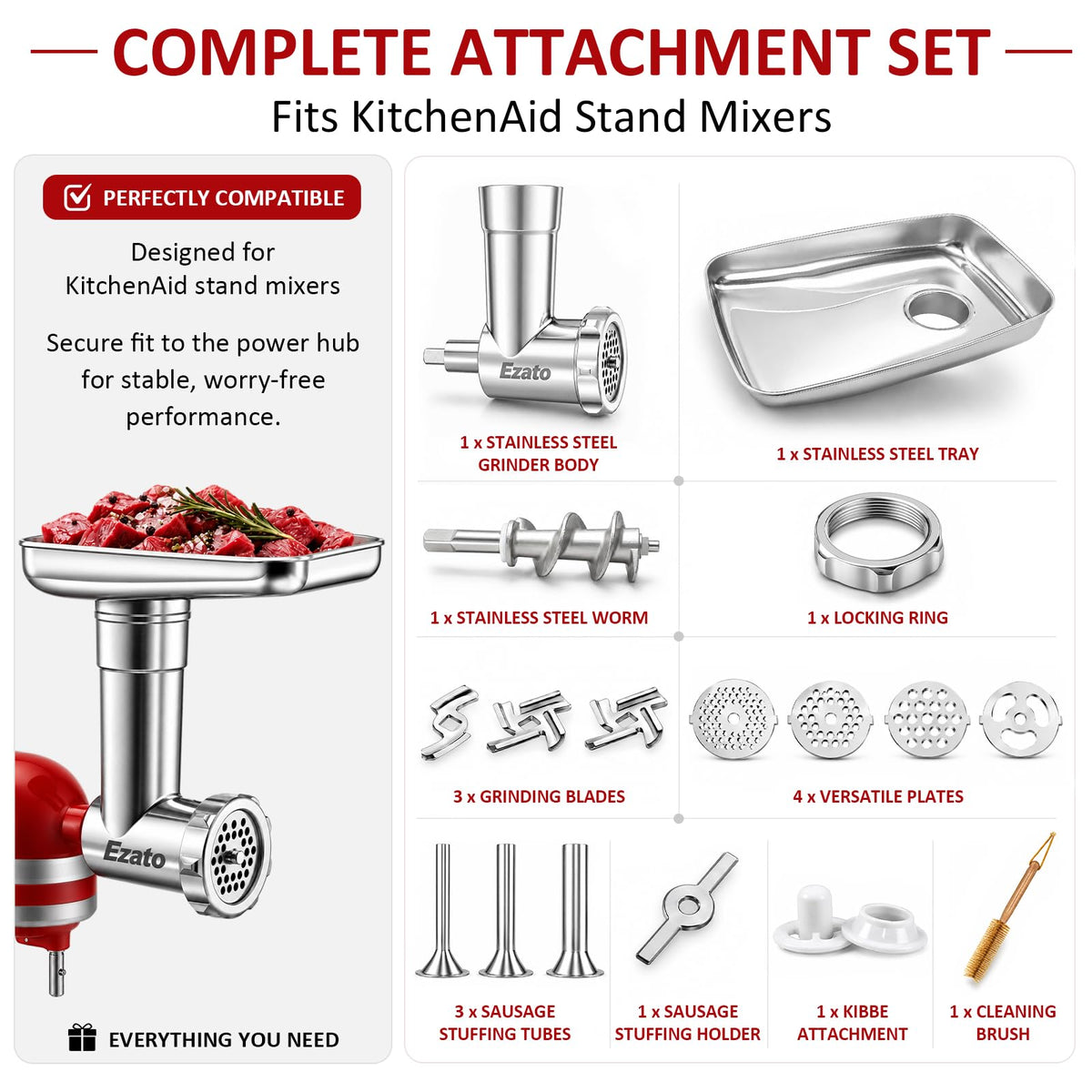 Ezato Stainless Steel Meat Grinder Attachment for KitchenAid Stand Mixers