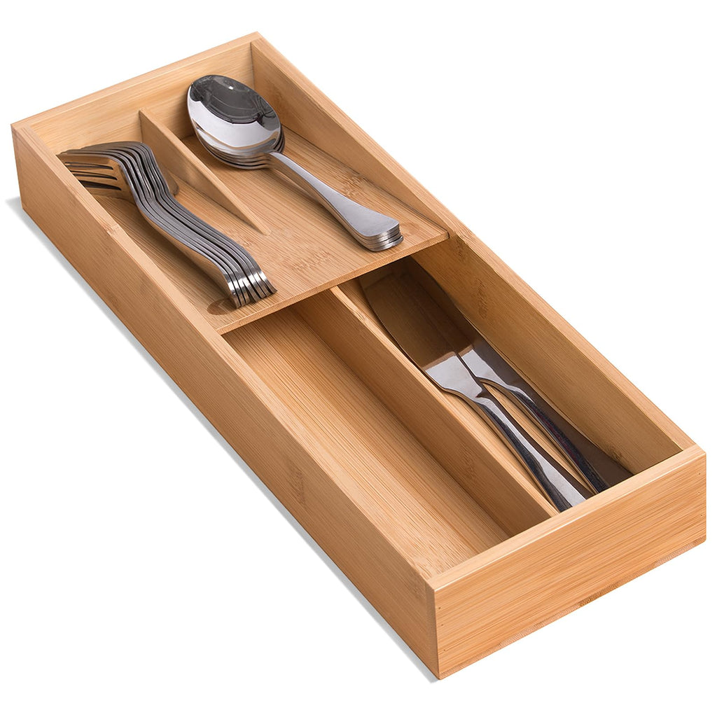 guiogc Bamboo silverware tray organizer, Utensil Holder and Cutlery Tray for Drawer, Kitchen Drawer Organizer Divider for Spoons Forks Knives