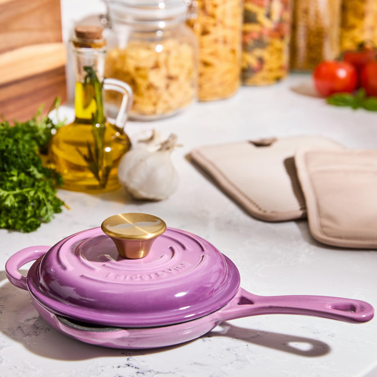 Chef Joe Sasto Small Skillet with Lid, Enameled Cast Iron, Small Frying Pan for Eggs, Omelets & Single Servings, Sweet Treats, Professional Cookware, Induction Compatible, Oven & Dishwasher Safe
