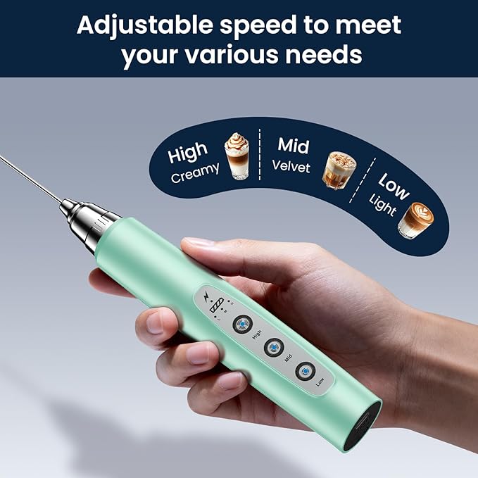 Milk Frother with Stand Rechargeable- Handheld Coffee Frother with 3 Stainless Whisks 3 Speed Adjustable, Electric Whisk Drink Mixer, Foam Maker Blender for Matcha Latte Cappuccino Chocolate