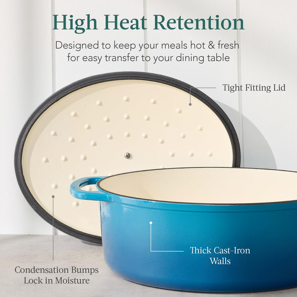 Best Choice Products Oval 7.5 Quart Enamel Cast-Iron Dutch Oven, Heavy-Duty Pre-Seasoned for Baking, Cooking w/Side Handles – Blue