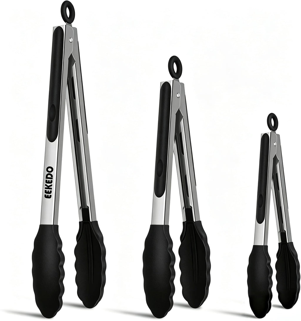 EEKEDO Tongs for Cooking, Stainless Steel Kitchen Tongs with Silicone Tips