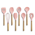 Country Kitchen Non Stick Silicone Utensil Set with Rounded Wood Handles for Cooking and Baking, 8 Piece Set, Pink