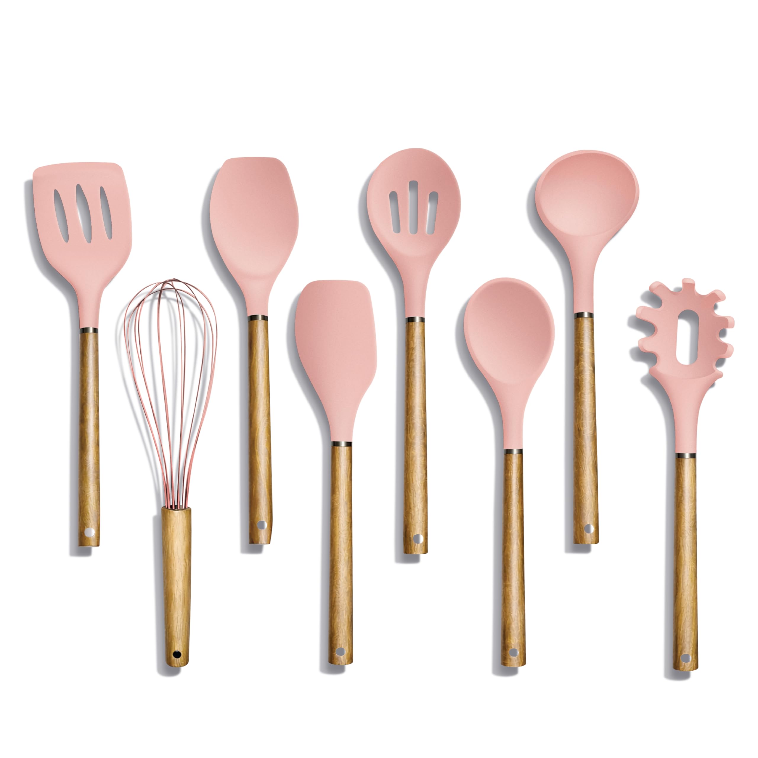 Country Kitchen Non Stick Silicone Utensil Set with Rounded Wood Handles for Cooking and Baking, 8 Piece Set, Pink
