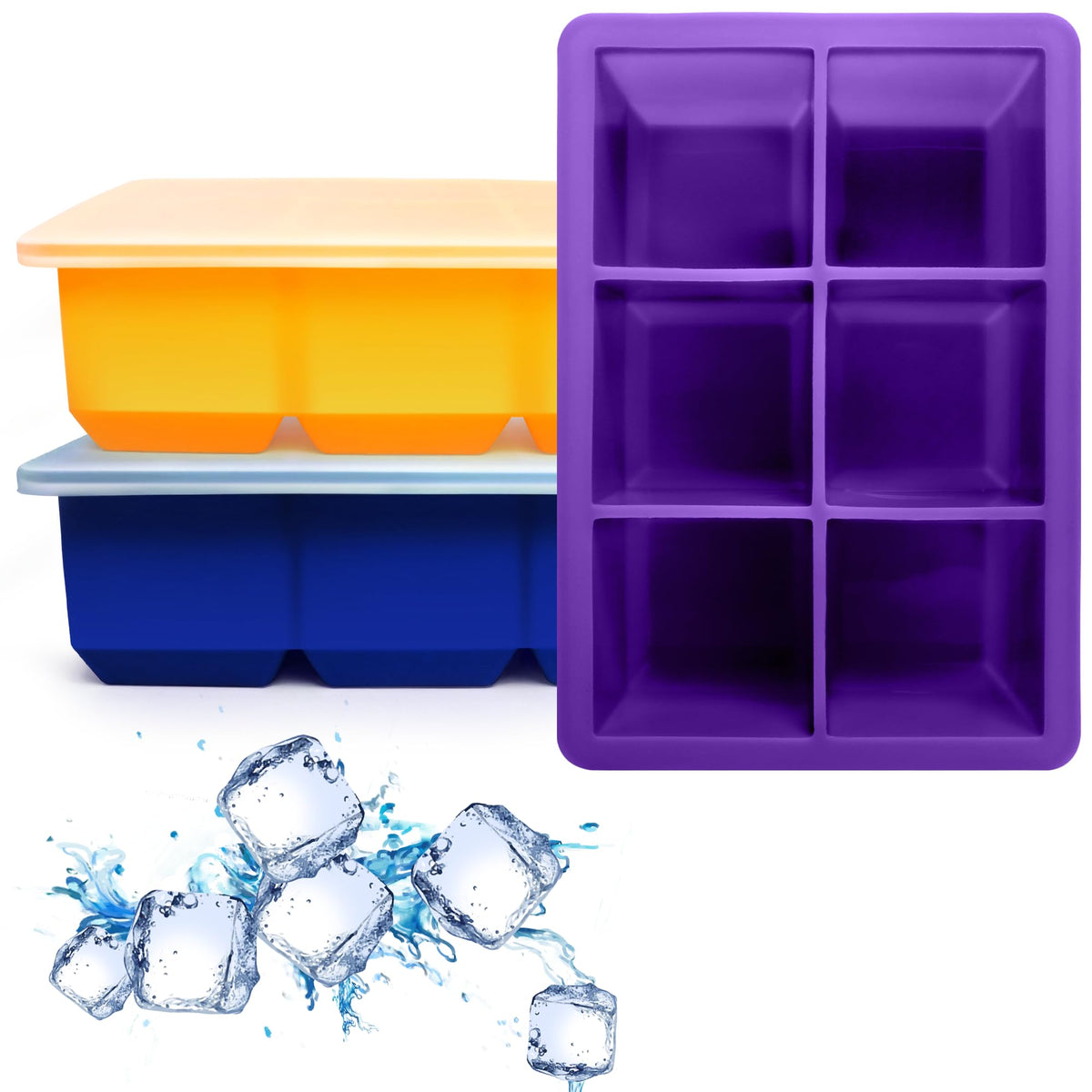 Excnorm Silicone Ice Cube Trays, 3‑Pack Large Square Molds with Lid