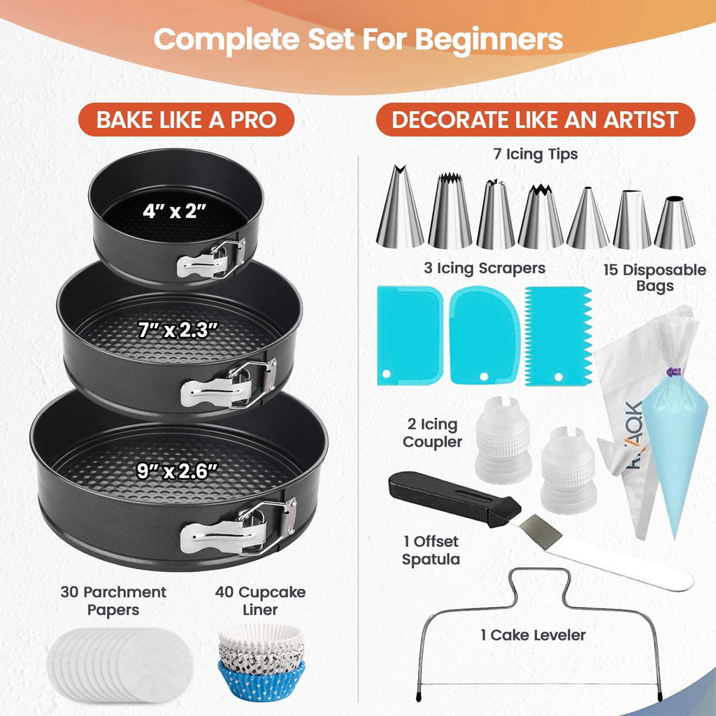 RFAQK 100pcs Cake Pan Sets for Baking + Cake Decorating Supplies: 3 Non-Stick Springform Pans Set (4, 7, 9 inches), Icing Tips, Cake Leveler – Multi-functional Leak-Proof CheeseCake Pan & eBook