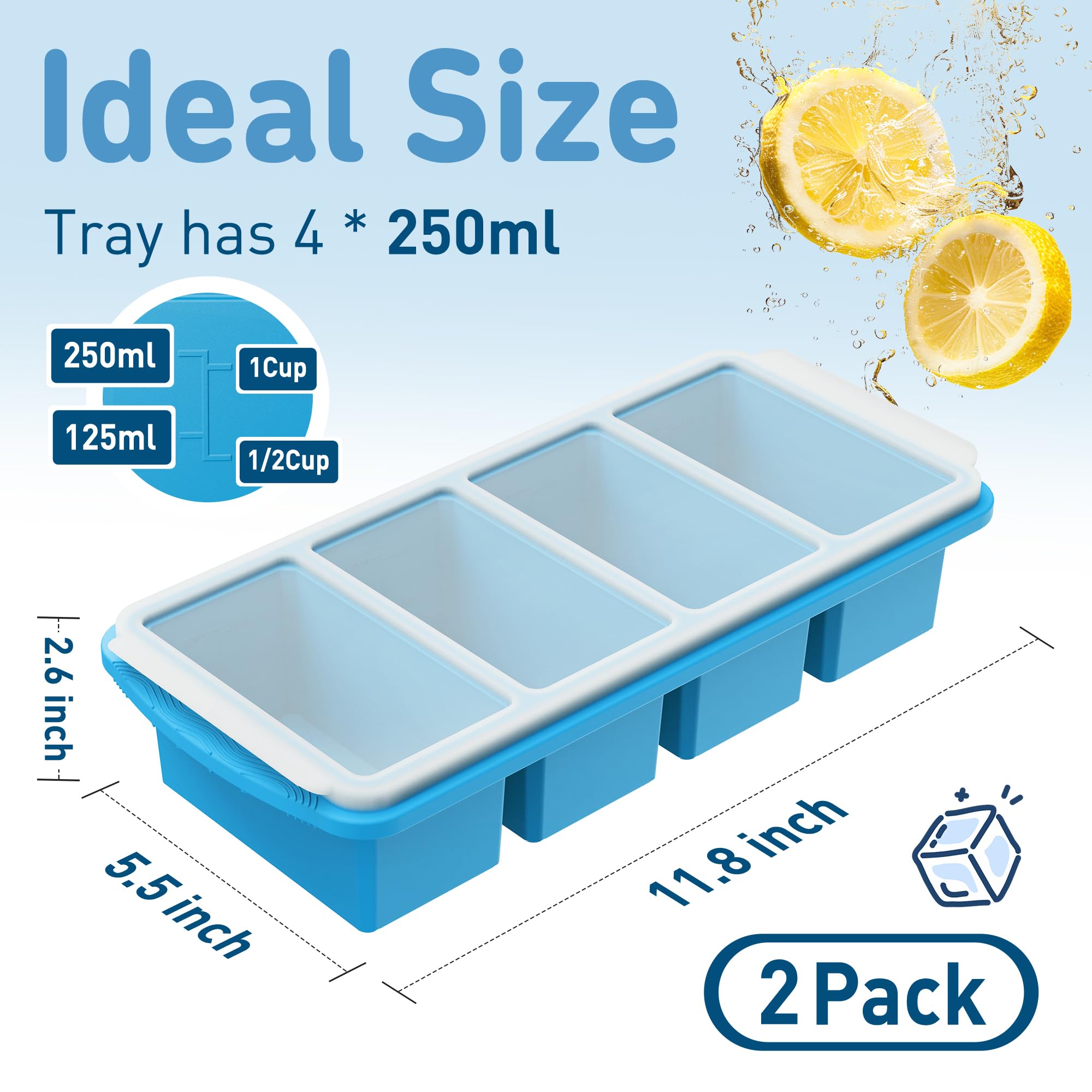 Silicone Freezer Tray with Lid Soup Freezer Container Molds with Steel Reinforced Rim for Freezing Soup Sauce Broth Leftovers large Ice Cube Molds Oven Dishwasher Safe Ice Trays for Freezer with Bin