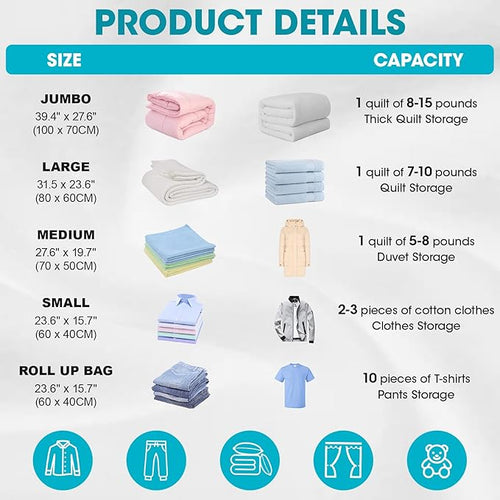 15 Pack Vacuum Storage Bags with Electric Pump, Compression Space Saver Vacuum Seal Bags 3 Jumbo/3 Large/3 Medium/3 Small/3 Roll Up Bags for Clothing Travel Comforters Blankets Pillows Bedding Duvets