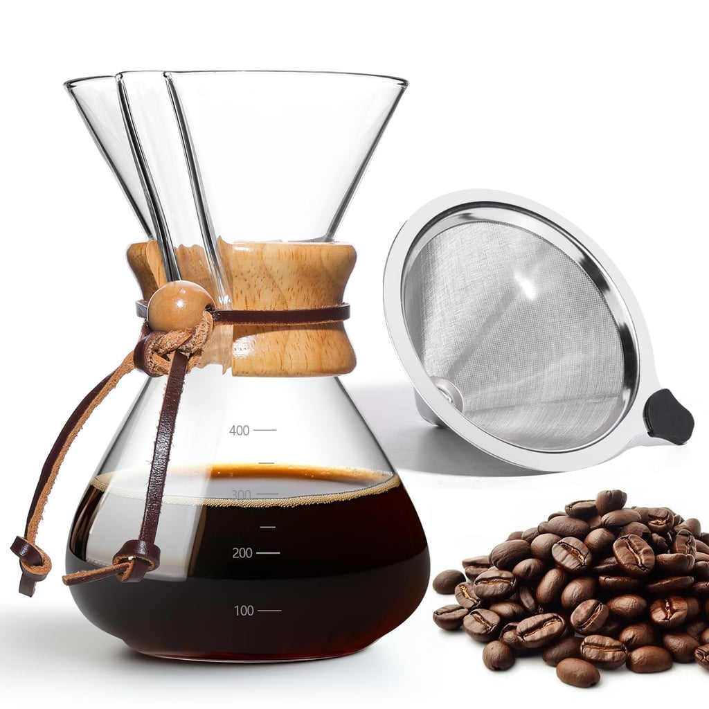 Yopinmall Pour Over Coffee Maker 20 OZ, 6 Cup Borosilicate Glass Drip Coffee Maker with Reusable Stainless Steel Filter and Cork Grip for Home Café 600 ML