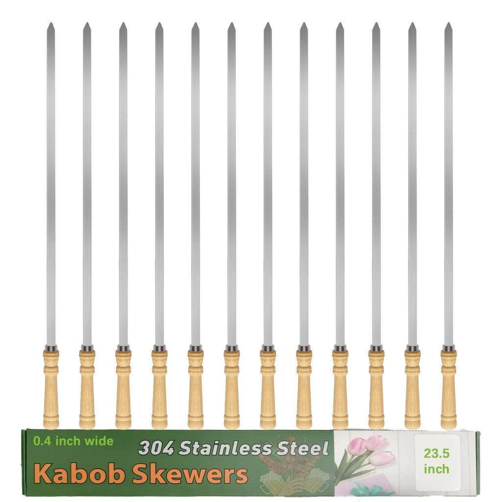 JOWHONK 23.5" Large Skewers for Grilling,304 Stainless Steel 0.4 inch Wide Kabob Skewers with Wooden Handle,Heavy-Duty Flat Metal Kebab Skewer,BBQ Barbecue Skewer Reusable for Outdoor Grill-12PCS