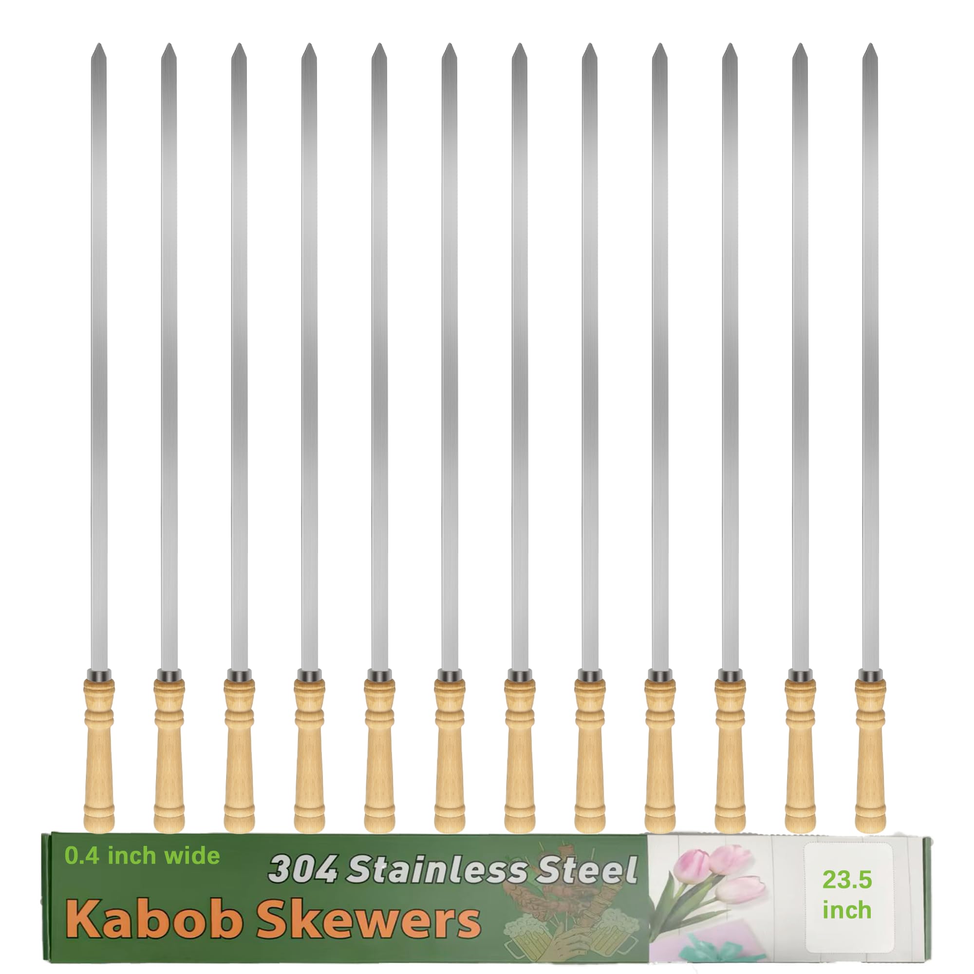 JOWHONK 23.5" Large Skewers for Grilling,304 Stainless Steel 0.4 inch Wide Kabob Skewers with Wooden Handle,Heavy-Duty Flat Metal Kebab Skewer,BBQ Barbecue Skewer Reusable for Outdoor Grill-12PCS