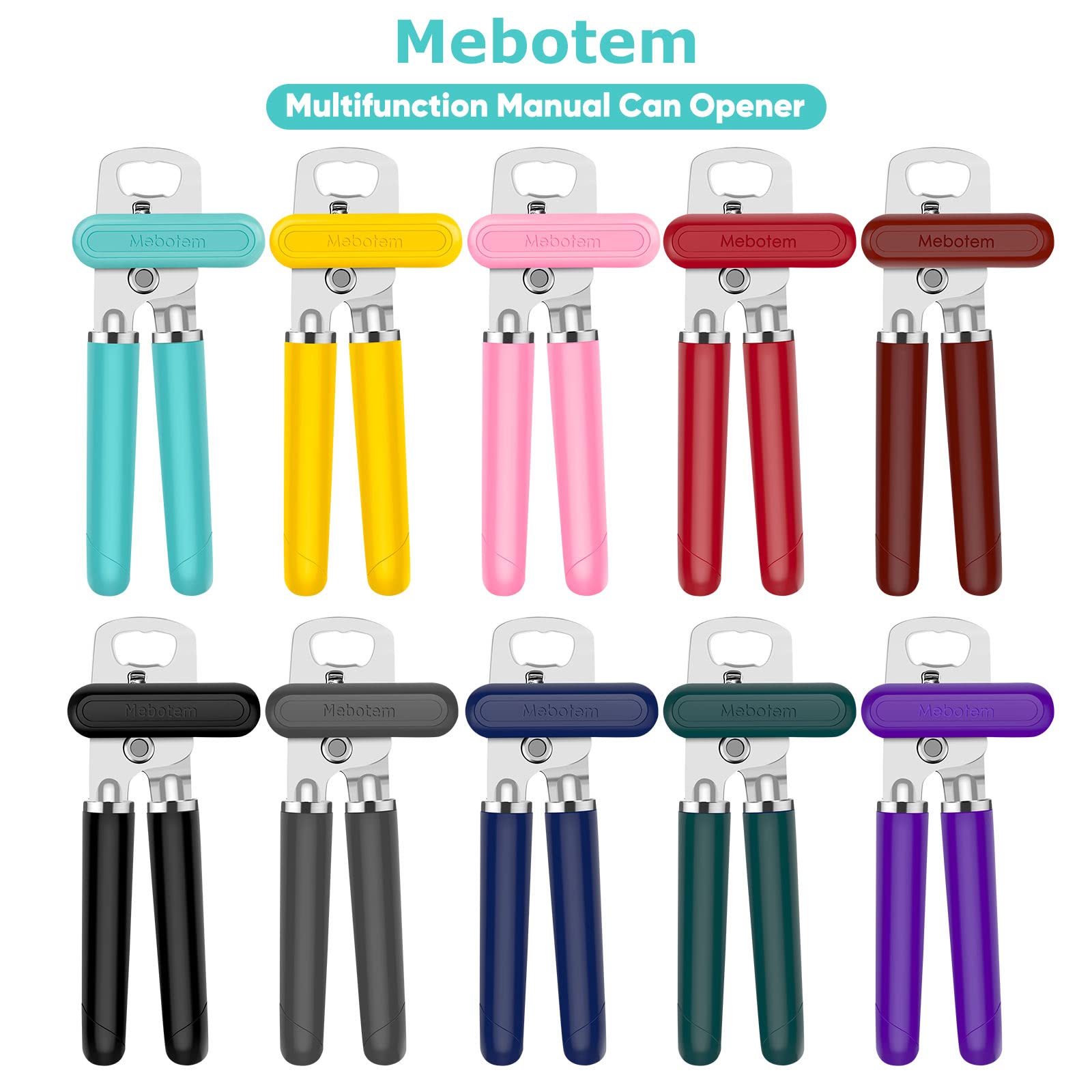 Mebotem 10 Colors Can Opener Manual Handheld Heavy Duty Hand Can Opener Smooth Edge Stainless Steel Can Openers Top Lid Kitchen Gadgets, Best Large Rated Easy Turn Knob, with Bottle Opener, Burgundy