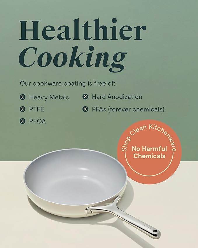 Caraway Ceramic Nonstick Fry Pan Set with Glass Lids – Includes Two 10.5” Fry Pans, One 8” Fry Pan, & Three Lids - Non Toxic, PTFE & PFOA Free - Oven Safe & Compatible with All Stovetops - Cream