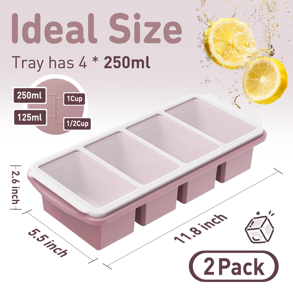 Silicone Freezer Tray with Lid Soup Freezer Container Molds with Steel Reinforced Rim Large Ice Cube Tray Makes 8 Perfect 1 Cup Portions Cubes Storage Food Containers House Essentials for New Home