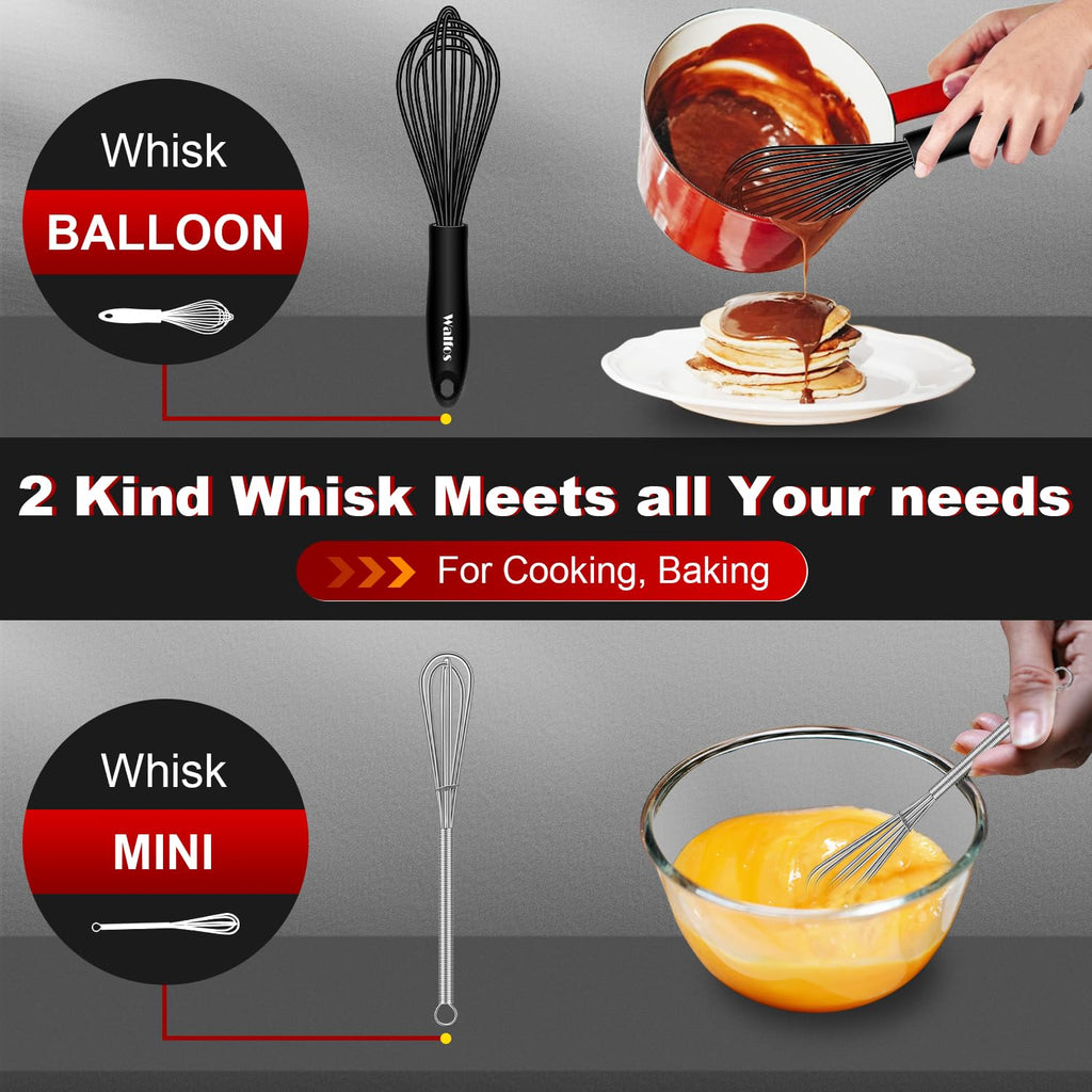 Silicone Whisks set with 7+5in mini stainless steel whisk, Non Scratch Coated 7+9+11in Whisks for Nonstick Cookware,Premium for Blending, Whisking, Beating, Frothing & Stirring