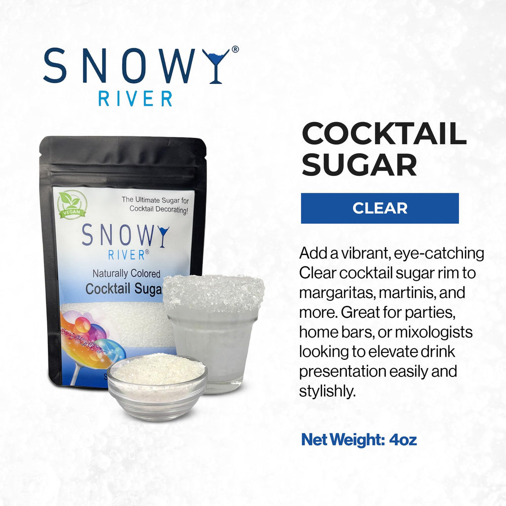 Snowy River Natural Cocktail Sugar Rimmer - Kosher Certified Naturally Colored Beverage Rimming Sugar for Cocktails, Margaritas, Drinks (Clear, 4 Ounce)