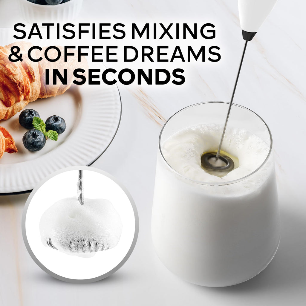 Zulay Kitchen Powerful Milk Frother Wand With Duracell Batteries - Ultra Fast Handheld Drink Mixer - Electric Whisk Foam Maker for Coffee, Lattes, Cappuccino & Matcha - Z1 Motor - White & Black