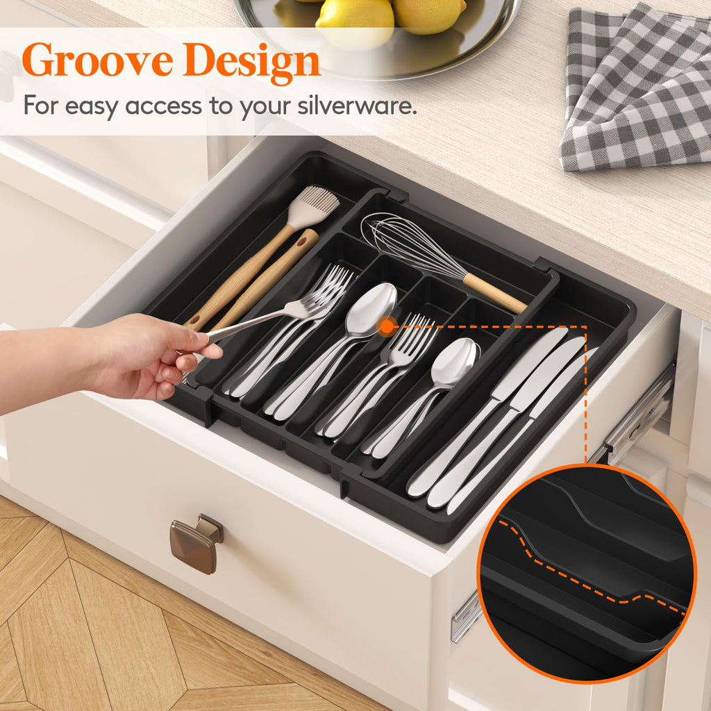 Lifewit Expandable Silverware Organizer, Plastic Utensil Tray for Kitchen Drawer, BPA Free Flatware Cutlery Holder, Space-Saving Storage for Spoons Forks Knives, 8-13.8 x 11.2 x 1.4 inch, Black