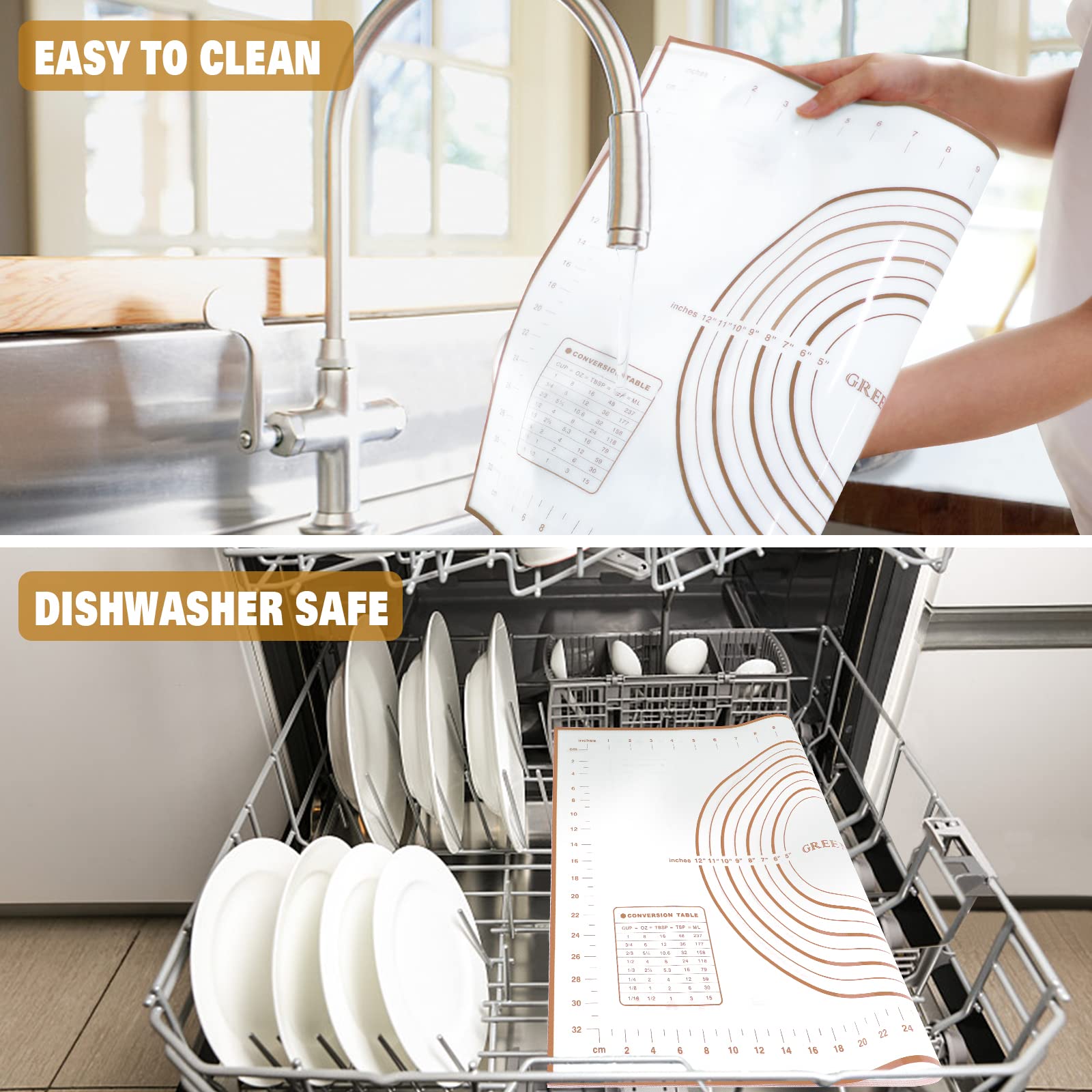 Silicone Pastry Mat Extra Thick Large Non Stick Baking Supplies Kitchen Counter Cooking Rolling Dough Sheet Pie Crust Sourdough Bread Oven Liner with Measurement (L-16''(W)*24''(L), 3#Gold)