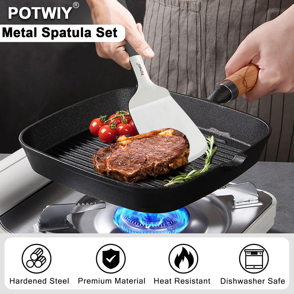 POTWIY Stainless Steel Spatula, Large Metal Spatula for Kitchen and Grilling, Heavy Duty Turner for Cast Iron Skillet with Silicone Handle, Cooking and Flipping Steak, Pancake, Burger, 4.6 x 3.7 In