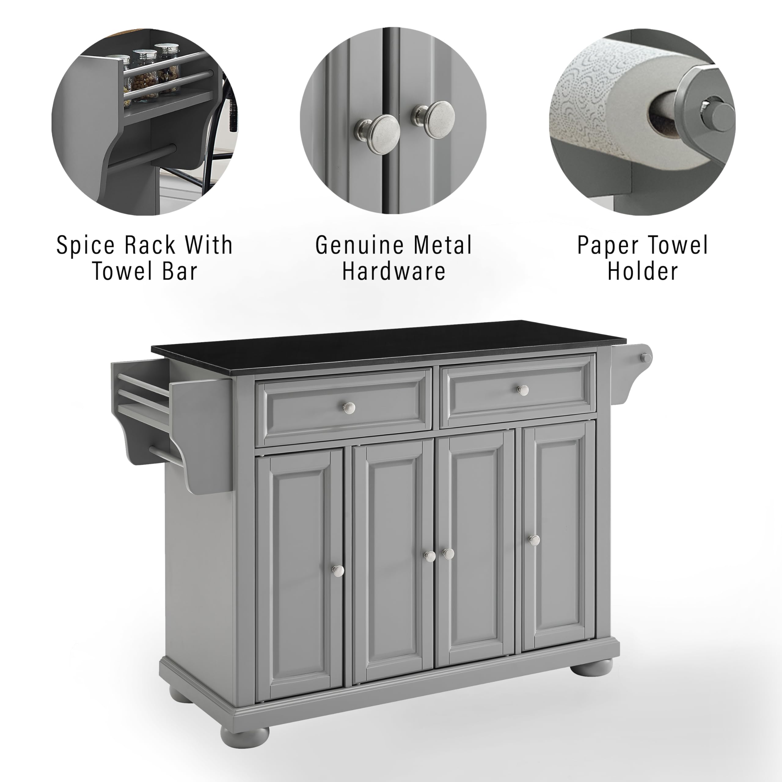 Crosley Furniture Alexandria Granite Top Rolling Kitchen Island Storage Cart, Microwave Stand, Spice Rack, Gray