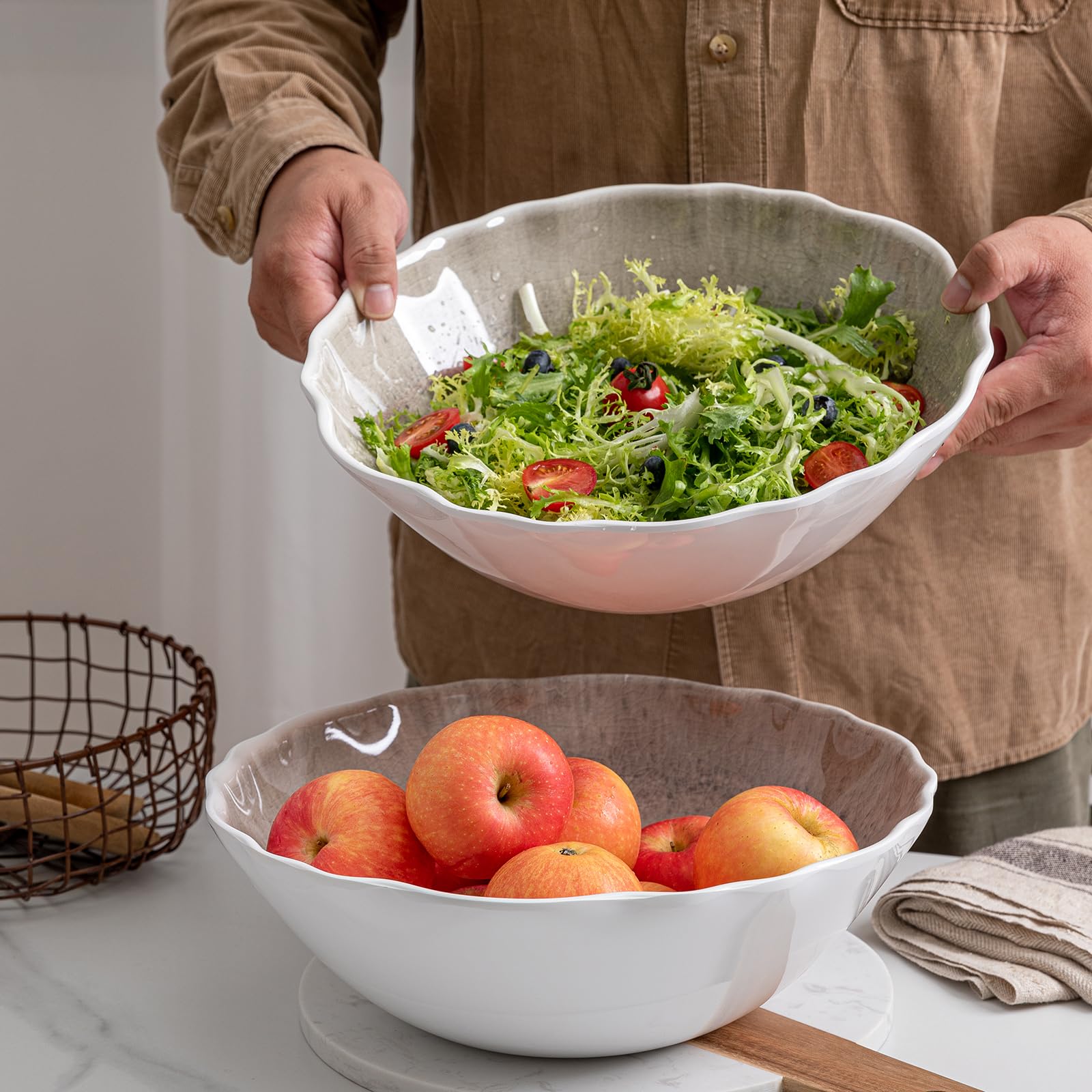 ZAROCRUS Melamine Serving Bowls Set of 2, 12''x4'' Large Salad Bowls, Fruit Bowls, Mixing Bowls, Serving Bowls for Kitchen, Ideal for Prepping and Serving Food, Gray