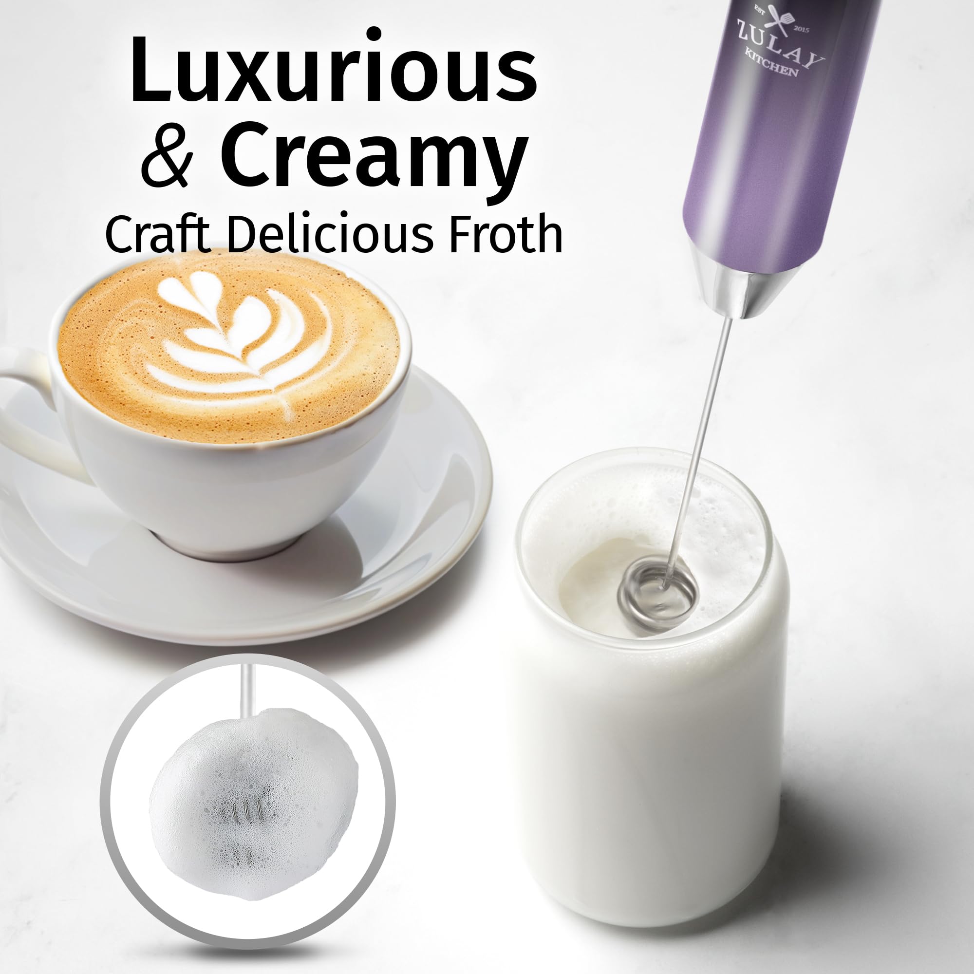 Zulay Kitchen Rechargeable Milk Frother Handheld - Frother Wand, Drink Mixer, Electric Whisk Frother, for Cappuccinos, Matcha & Protein Powder - Lux Double Whisk 2 Speed Waterproof 2000mAh Purple